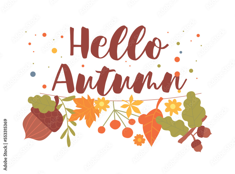 Hello autumn concept. Poster or banner for website, greeting card design. Berries, walnut and leaves and foliage on string, unusual decoration and accessory. Cartoon flat vector illustration Hello autumn concept. Poster or banner for website, greeting card design. Berries, walnut and leaves and foliage on string, unusual decoration and accessory. Cartoon flat vector illustration