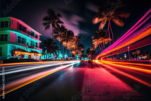 city street at night with colorful long exposure lights