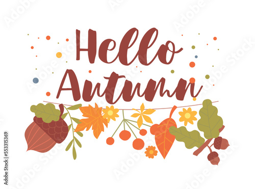 Hello autumn concept. Poster or banner for website, greeting card design. Berries, walnut and leaves and foliage on string, unusual decoration and accessory. Cartoon flat vector illustration