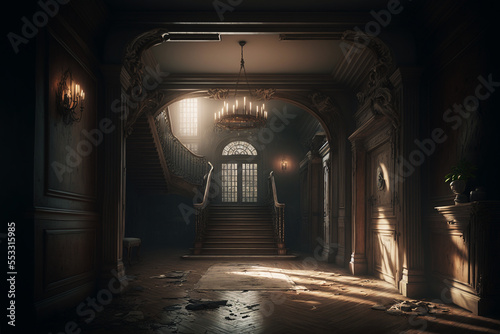 Generative AI illustration of abandoned manor interior photo