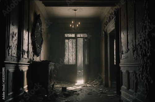 Generative AI illustration of abandoned haunted house interior
