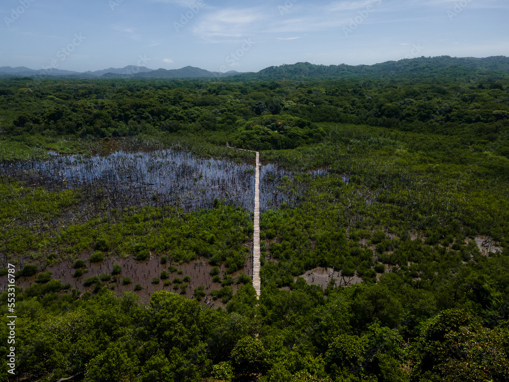 Obraz premium Beautiful aerial view of the Avellanas Mangrove, its iconic bridge, and the magical beach in Costa Rica Guanacaste