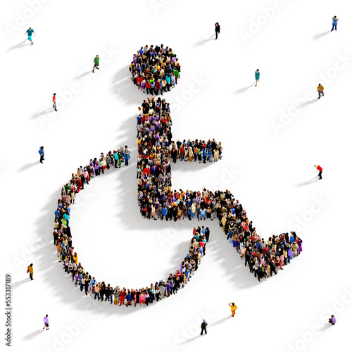 Crowd of people gathered together in the shape of wheelchair symbol, top view, disabled handicap concept, isolated on white background 