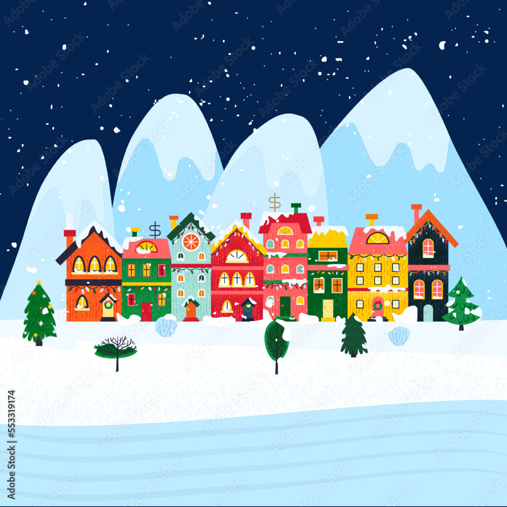 Winter Houses Mountain Town. Vector Illustration of Seasonal Greetings. Holiday Celebration.
