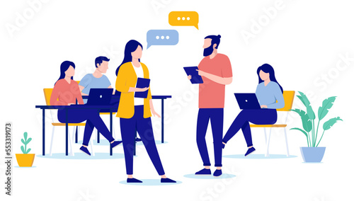 Office dialogue - People at work talking and discussing while working. Job communication concept, flat design vector illustration with white background