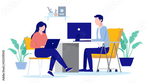 Working in office - Man and woman sitting with computers at desk doing work. Flat design vector illustration with white background