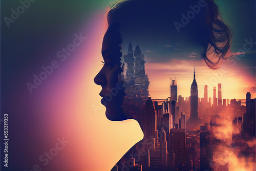 Double exposure of a woman profile and landscape