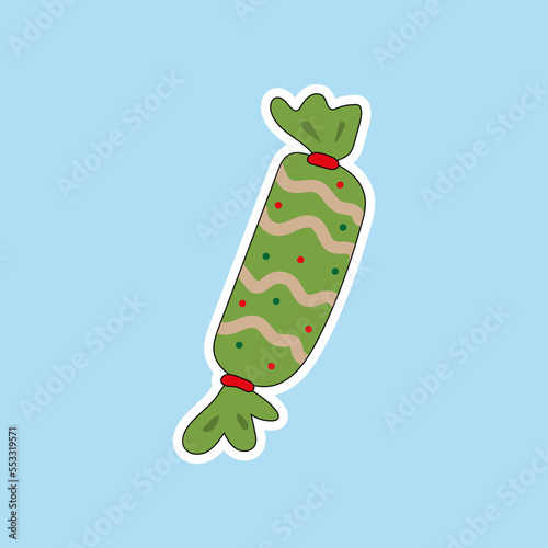 Vector sticker of candy. Merry Christmas and happy New Year. Illustration in flat style.