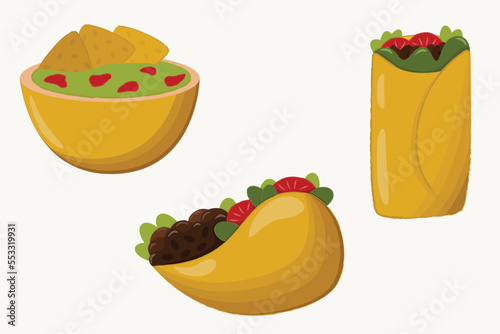 Vector set of tacos, burritos and guacamole with nachos on light background. Latin american food