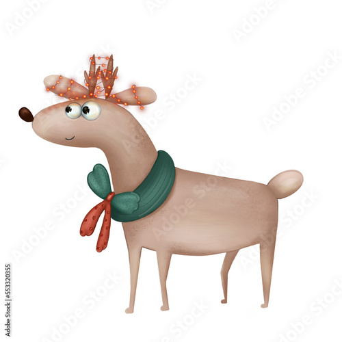 Cartoon Christmas reindeer with Christmas eyelids and Christmas lights, funny reindeer with big eyes, Santa Claus' helper 