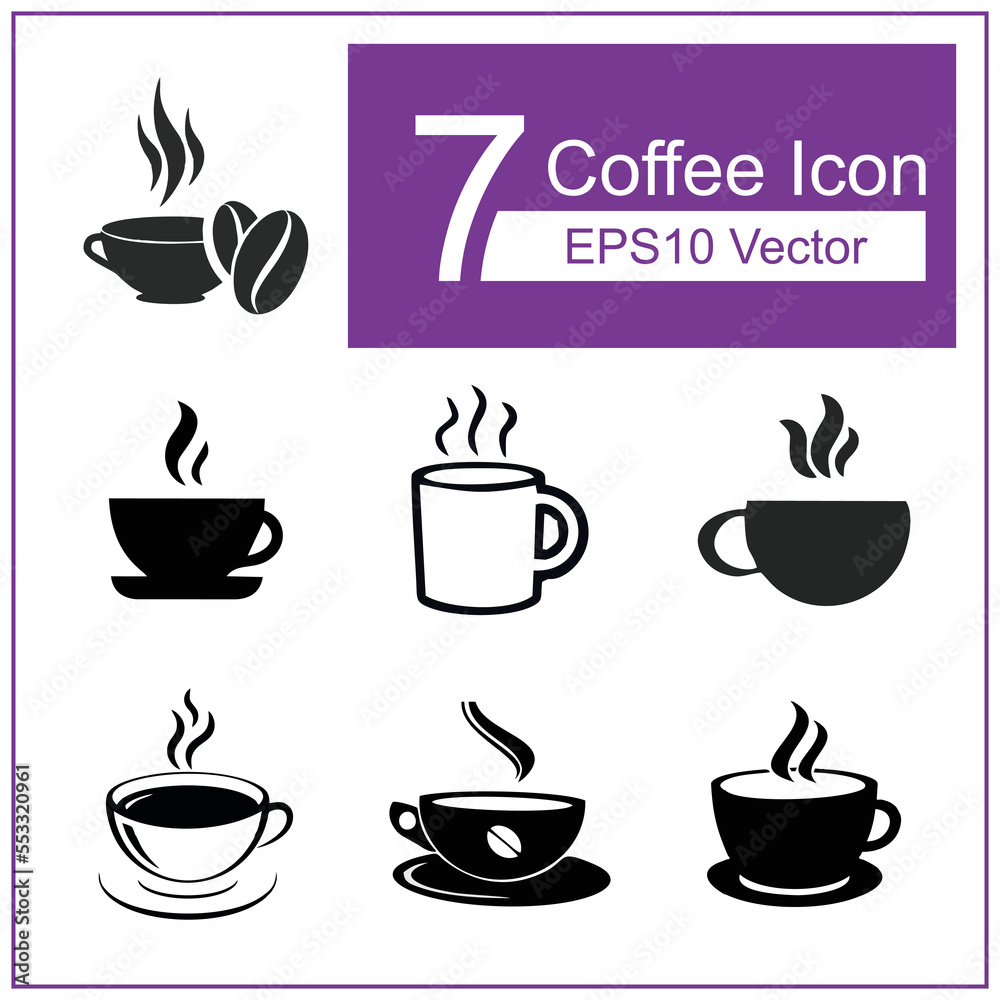 7 icon a cup of hot coffee with steaming smoke. Coffee beans between coffee cups. Vector illustration of a cup of coffee editable symbol. Simple flat icon 7 icon a cup of hot coffee with steaming smoke. Coffee beans between coffee cups. Vector illustration of a cup of coffee editable symbol. Simple flat icon