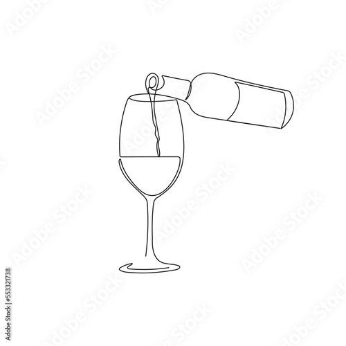 Bottle of wine with wineglass. Pouring wine. Hand drawn vector illustration.