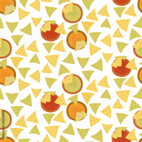 Seamless pattern with traditional colorful nachos corn chips and various sauces in cartoon style.