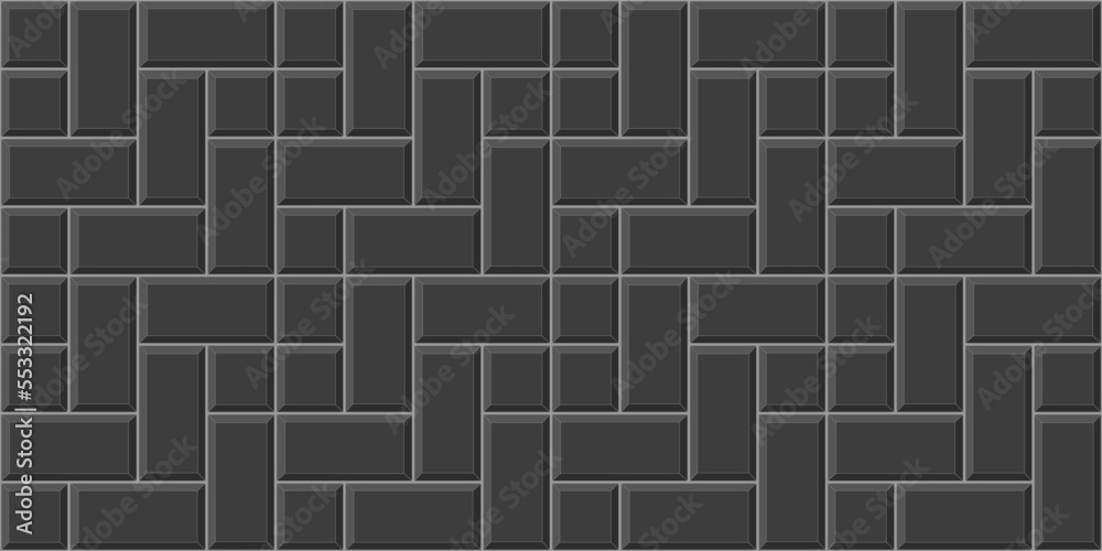 Black cobblestone tile background. Pavement texture. Stone or ceramic brick wall pattern. Kitchen backsplash mosaic surface. Bathroom, shower or toilet floor decoration. Vector flat illustration