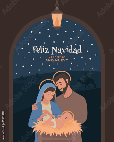 Feliz navidad. Pesebre. Nochebuena. Ilustración de la sagrada familia en el nacimiento de Jesús en Belén.