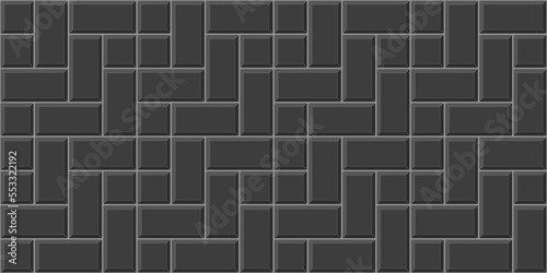 Black cobblestone tile background. Pavement texture. Stone or ceramic brick wall pattern. Kitchen backsplash mosaic surface. Bathroom, shower or toilet floor decoration. Vector flat illustration