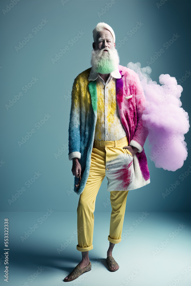 Futuristic Contemporary dressed, modern hipster Santa Claus in a pastel colorful coat. A vintage portrait handsome man with a white beard. Fairytale Christmas holidays. Generative AI, Illustration.