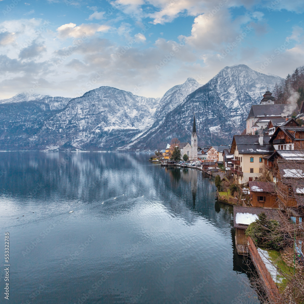 Winter Alpine Hallstatt Town and lake Hallstatter See view (Austria)