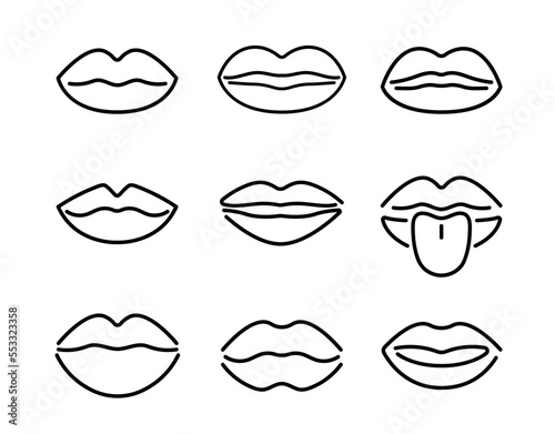 Lip kiss mouth vector line icon. Smile drawing lips beauty thin contour cosmetic female shape symbol icon.