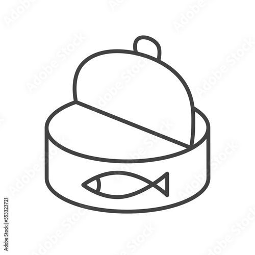 Tuna fish logo open can icon outline illustration. Salmon tuna fish line icon seafood can logo.