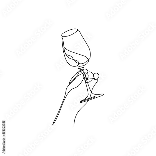 Glass of wine in a womans hand degustating, toasting. Hand drawn vector illustration.