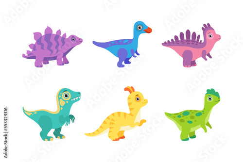 Funny Colorful Dinosaur as Cute Prehistoric Creature and Comic Jurassic Predator Vector Set