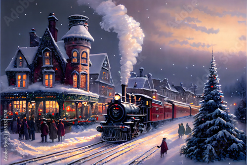 Fototapeta Christmas village, the train chugs along the snowy tracks