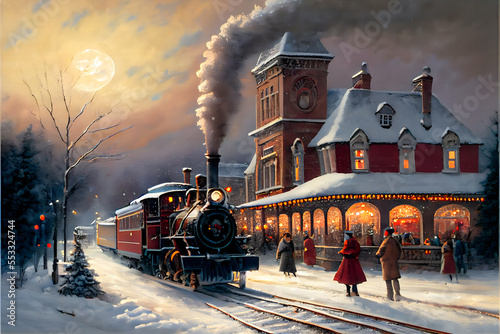 Christmas village, the train chugs along the snowy tracks