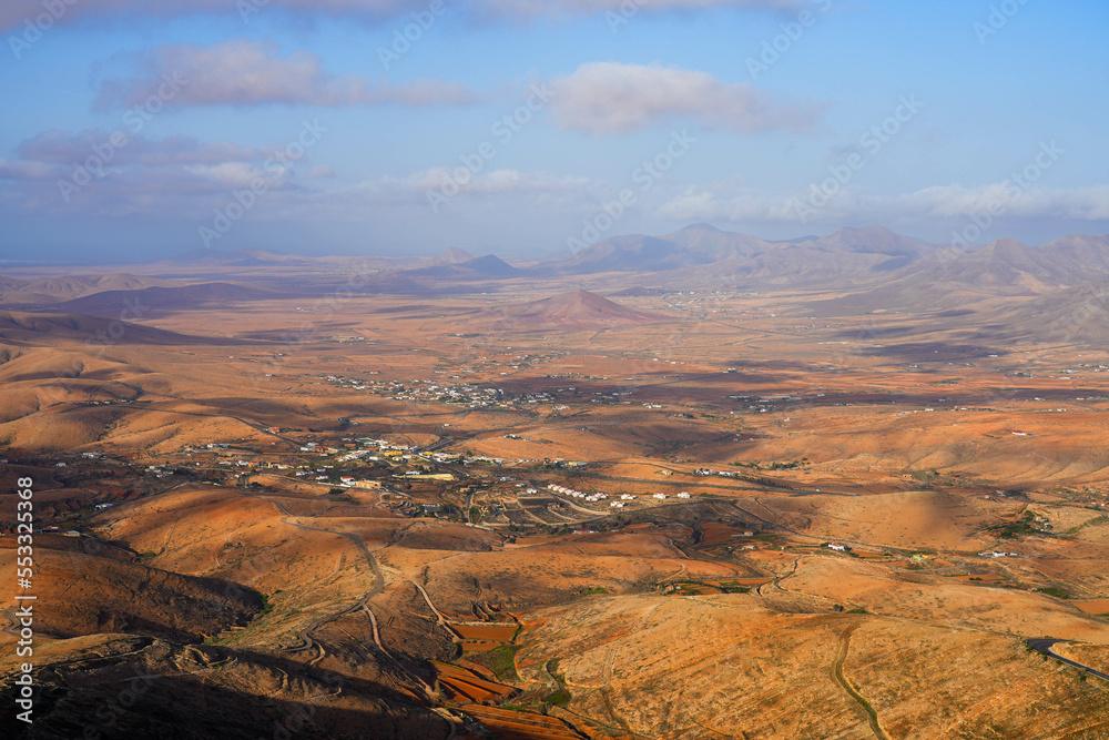 Panoramic view over the village of Valle de Santa Inés in Fuerteventura island from the Mirador of Morro Velosa in the Rural park of Betancuria, Canary Islands, Spain
