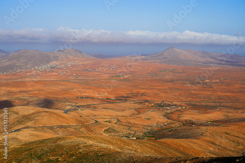 Panoramic view over the central valley of Fuerteventura island from the Mirador of Morro Velosa in the Rural park of Betancuria, Canary Islands, Spain