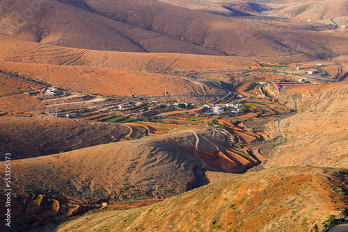 Panoramic view over the central valley of Fuerteventura island from the Mirador of Morro Velosa in the Rural park of Betancuria, Canary Islands, Spain