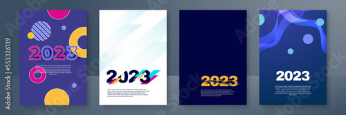 Happy New 2023 Year posters set. Typography geometric logo 2023 for branding, banner, cover, invitation card.