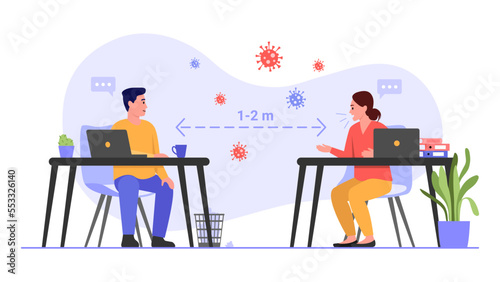 Vector illustration of distance with coronavirus. Cartoon scene with the guy and the girl sitting at a distance from each other so as not to transmit the virus on white background.