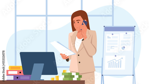 Vector illustration of banker. Cartoon scene with a girl who speaks on the phone and collects reports on the growth of the exchange rate on white background.