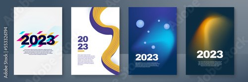 Happy New 2023 Year posters set. Typography geometric logo 2023 for branding, banner, cover, invitation card.