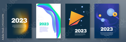 Happy New 2023 Year posters set. Typography geometric logo 2023 for branding, banner, cover, invitation card.