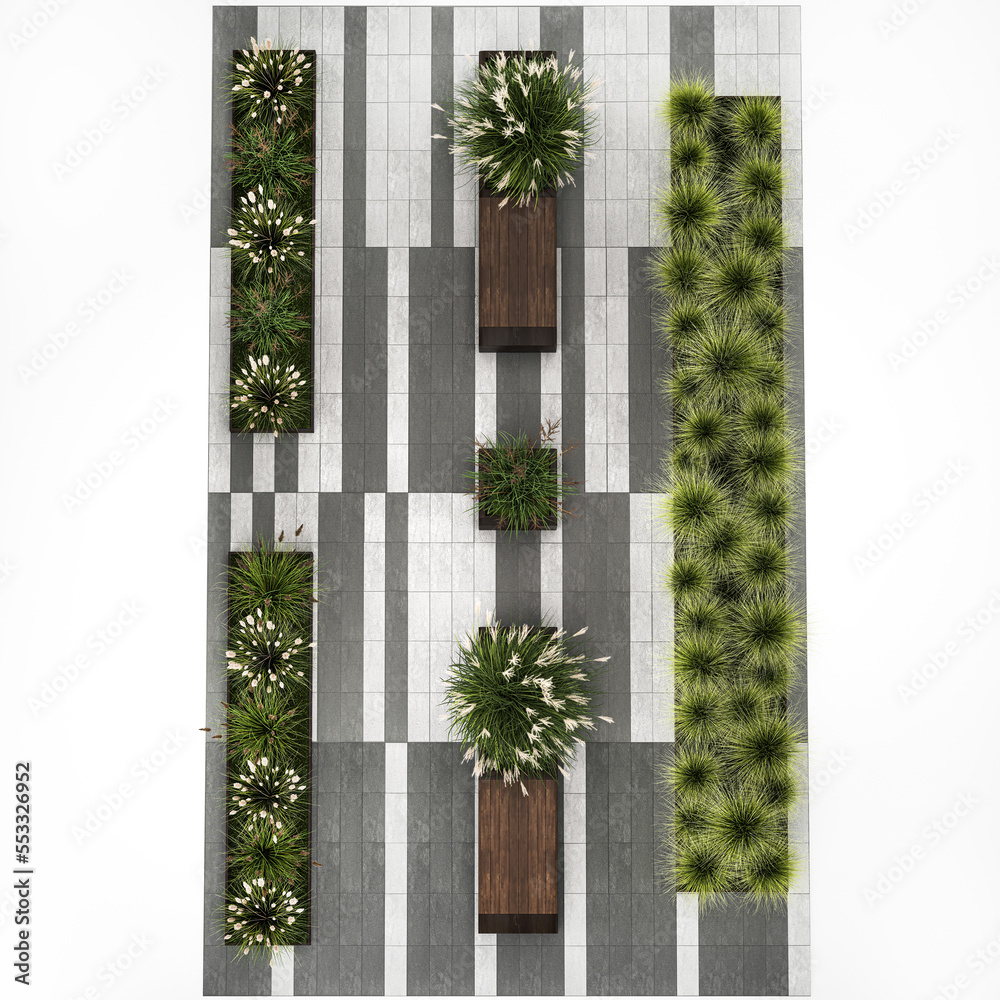 Bushes And A Bench With Paving Slabs For An urban environment on a white background Bushes And A Bench With Paving Slabs For An urban environment on a white background