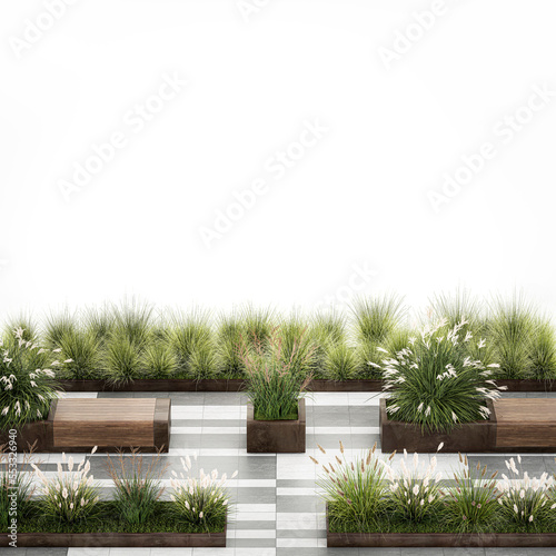 Bushes And A Bench With Paving Slabs For An urban environment on a white background