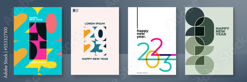 Happy New 2023 Year posters set. Typography geometric logo 2023 for branding, banner, cover, invitation card.