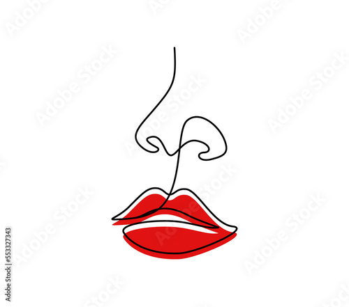 One continuous line drawing of lips with red lipstick. Abstract face portrait of makeup in simple linear style. Symbol icon for posters, cards, banner, template, web. Doodle vector illustration