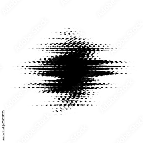 Grunge glitched halftone spot. Distorted comic pop art textured stain. Spotted dots background blot. Monochrome design element. Vector 