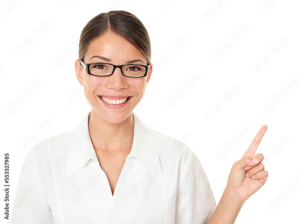 Optician woman pointing and showing wearing eye glasses. Eyewear concept with multiracial Asian / Caucasian female model isolated cutout PNG on transparent background. Optician woman pointing and showing wearing eye glasses. Eyewear concept with multiracial Asian / Caucasian female model isolated cutout PNG on transparent background.