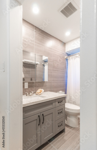 Cozy bathroom with a sea shell on the counter 
