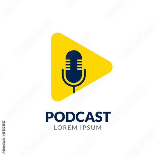Podcast mic icon symbol logo microphone talk audio. Music radio tech podcast logo label sound studio vector icon.