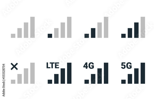 Signal strength 4g mobile phone reception bar icon. 5g signal strength level smartphone status bar network lte level.