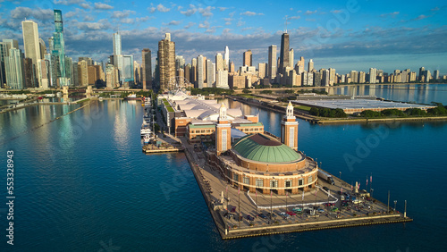 Beautiful aerial view of entire Navy Pier and Chicago skyline in morning light
