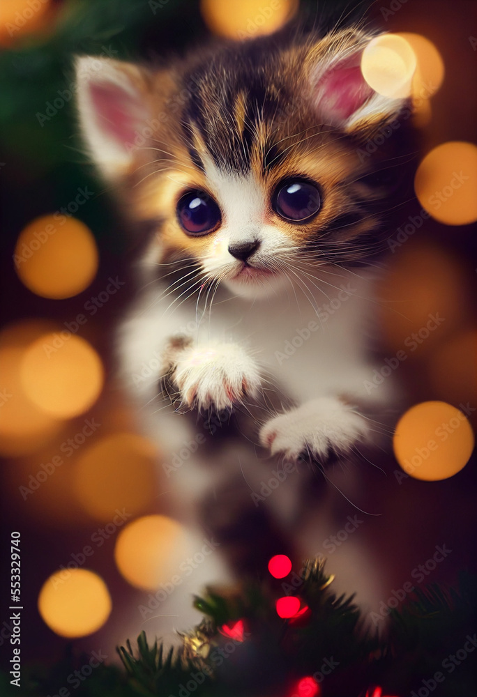 Fluffy cat portrait in the winter with snow. Cute cat with christmas balls. Kitty with Christmas lights. Cute kitten under christmas tree. Christmas kitten illustration