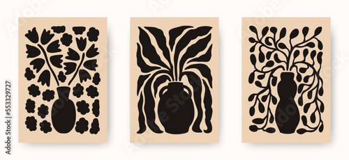Vector set of abstract blossom flower posters. Trendy minimalistic aesthetic botanical wall arts with floral plants, leafs in hippie and Matisse modern cut out style. Naive groovy funky illustrations