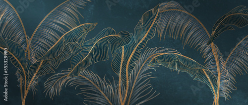 Luxury tropical background with exotic palm leaves in dark blue color with golden elements in line style. Botanical banner for decor, print, wallpaper, textile, interior design.