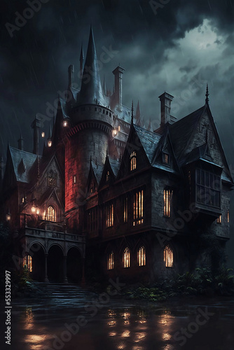 Magical castle in stormy raining night digital art